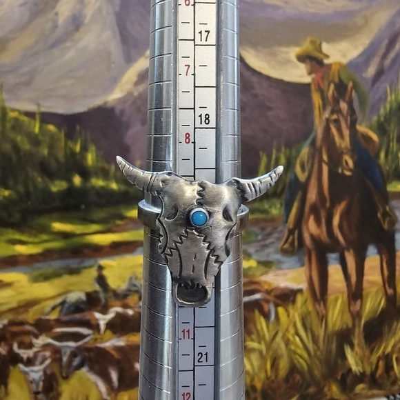 Sterling Silver Signed Bull Cow Steer Skull Turquoise Statement Ring - Picture 2 of 9